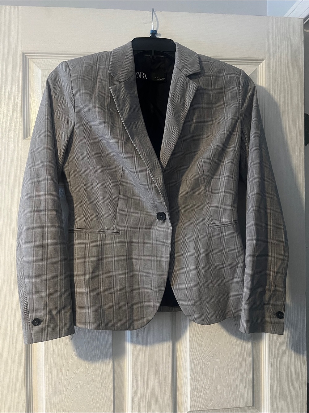 Zara Gray Single-Button Checked Blazer
